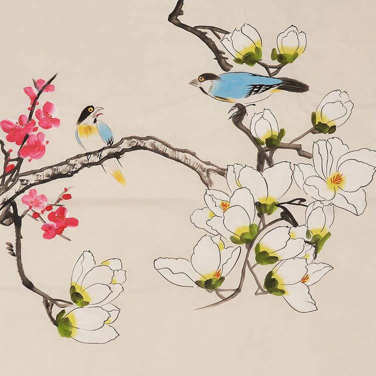 Hand-painted Chinese magnolia red blossoms and three birds painting