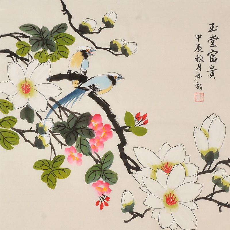 Hand-painted Chinese magnolia and three birds painting