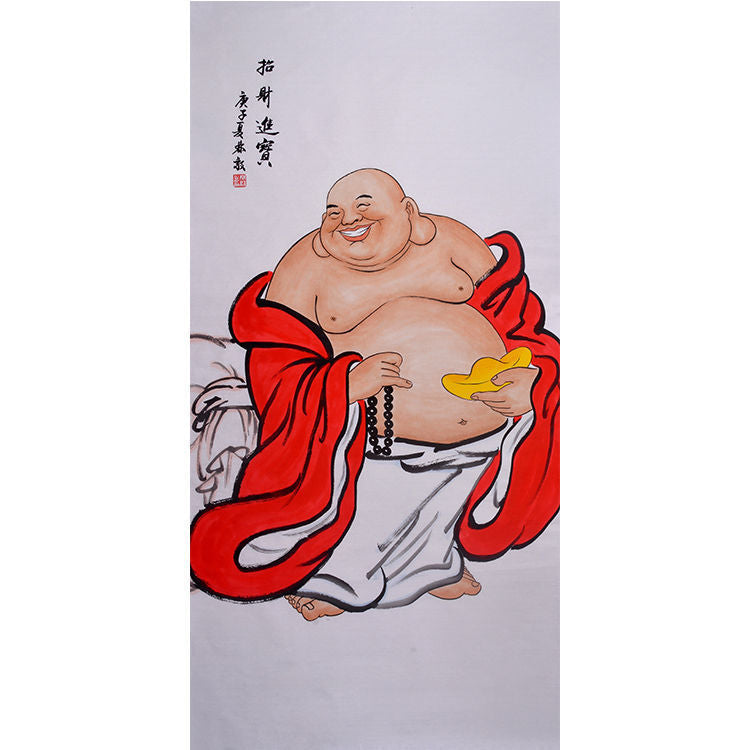 Hand-painted Chinese Maitreya Buddha painting, contented Budai with prayer beads and gold ingot, red robe happiness and prosperity wall art