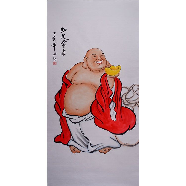 Hand-painted Chinese Maitreya Buddha painting, smiling Budai with gold ingot and cloth sack, contentment and happiness figure art