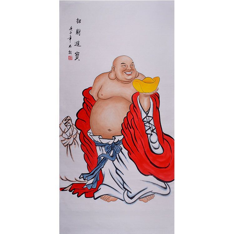 Hand-painted Chinese Maitreya Buddha painting, smiling Budai holding a gold ingot with auspicious branches and red robe, traditional figure art