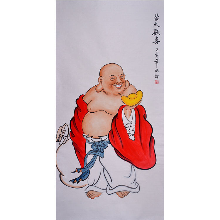 Hand-painted Chinese Maitreya Buddha painting, standing Budai holding a gold ingot beside a fortune sack, auspicious Chinese wall art