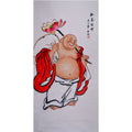 Hand-painted Chinese Maitreya Buddha painting, smiling Budai with lotus branch, red robe figure art for living room and entryway