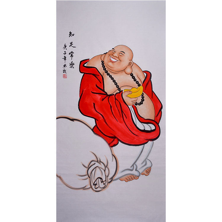 Hand-painted Chinese Maitreya Buddha painting, smiling Budai with prayer beads, gold ingot and fortune sack, traditional auspicious wall art