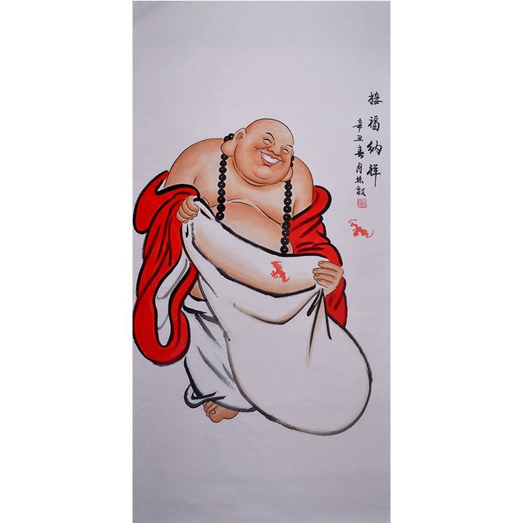 Hand-painted Chinese Maitreya Buddha painting, smiling Budai with prayer beads and fortune sack, traditional figure art