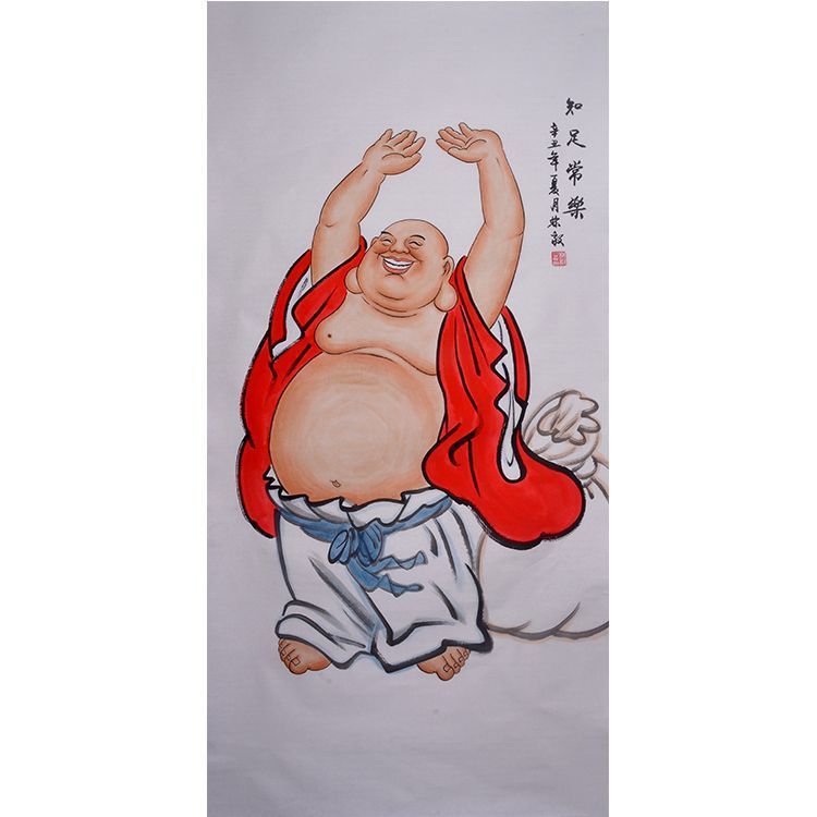 Hand-painted Chinese Maitreya Buddha painting, joyful Budai raising both hands beside fortune sack, happiness and blessing wall art