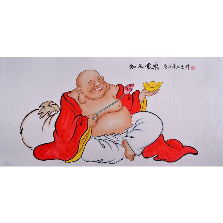 Hand-painted Chinese Maitreya Buddha painting, reclining Budai holding a gold ingot beside a wealth sack, horizontal auspicious Chinese art