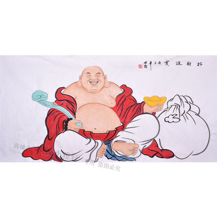 Hand-painted Chinese Maitreya Buddha painting, seated Budai with ruyi scepter, gold ingot and fortune sack, auspicious Chinese figure art
