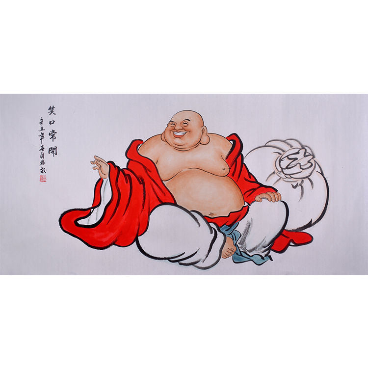 Hand-painted Chinese Maitreya Buddha painting, seated laughing Budai beside a large fortune sack, horizontal prosperity and happiness wall art