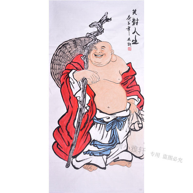 Hand-painted Chinese Maitreya Buddha painting, laughing Budai with walking staff and woven basket, red robe Chinese figure art