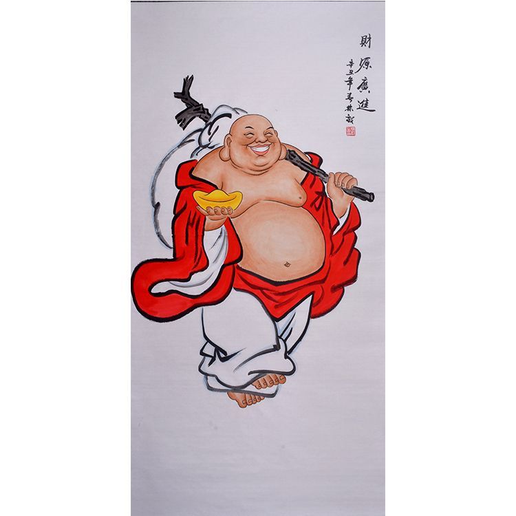 Hand-painted Chinese Maitreya Buddha painting, walking Budai with gold ingot, staff and fortune sack, auspicious wealth figure art