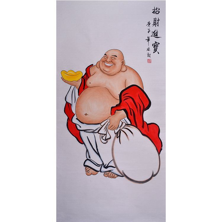 Hand-painted Chinese Maitreya Buddha painting, Budai with gold ingot and large wealth sack, Zhao Cai Jin Bao auspicious wall art