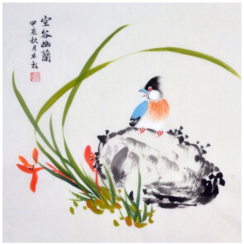 Hand-painted Chinese Kong Gu You Lan orchid and bird on rock painting