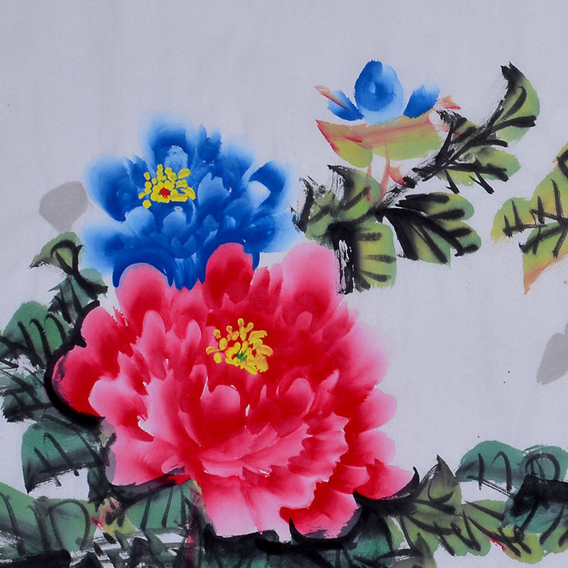Detail of hand-painted Chinese Hua Kai Fu Gui peony painting with blue and red blossoms and expressive ink leaves