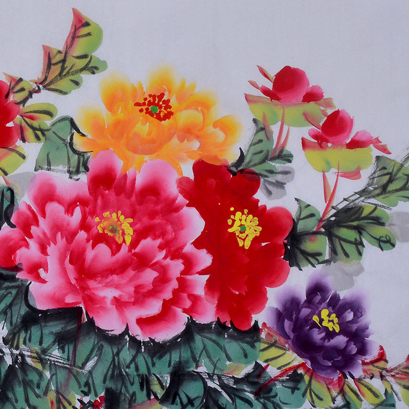 Detail of colorful hand-painted Chinese peony wall art with red, pink, orange and purple blossoms, Hua Kai Fu Gui theme