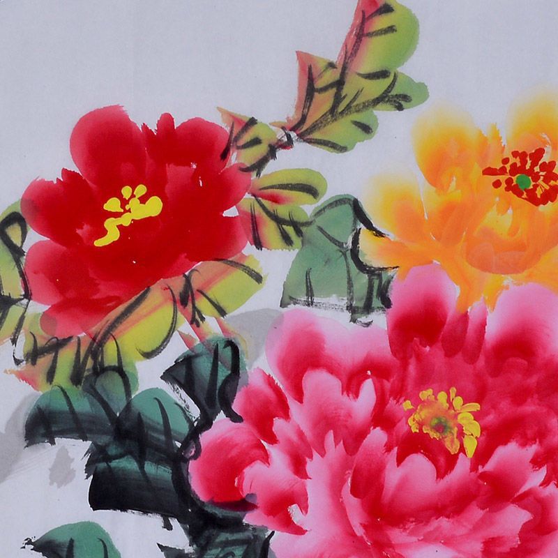 Close detail of hand-painted Chinese peony painting with red, orange and pink blossoms in expressive xieyi brushwork