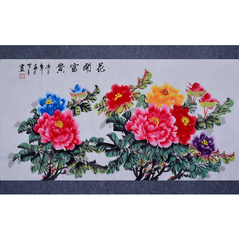 Hand-painted Chinese peony painting Hua Kai Fu Gui, colorful horizontal xieyi floral wall art for living room and dining room