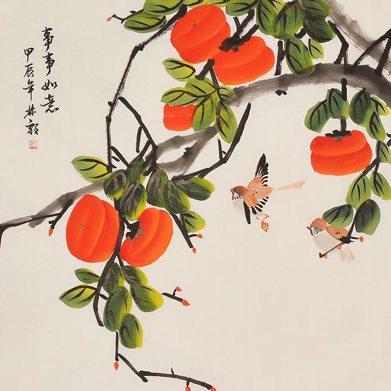Hand-painted Chinese persimmon branch and butterflies painting