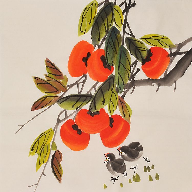 Hand-painted Chinese persimmon branch and little bird painting