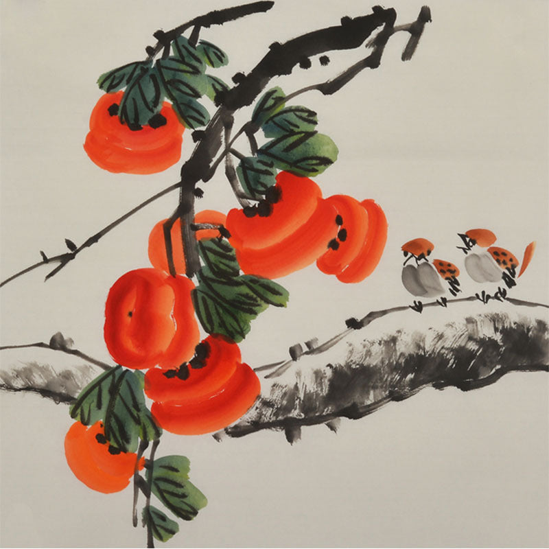 Hand-painted Chinese persimmon tree and twin sparrows painting