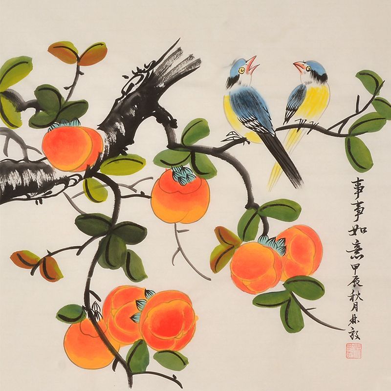 Hand-painted Chinese persimmons and blue birds painting