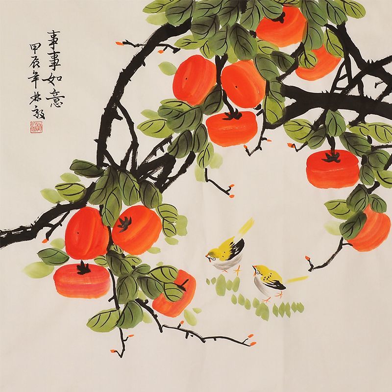 Hand-painted Chinese persimmons and sparrows painting
