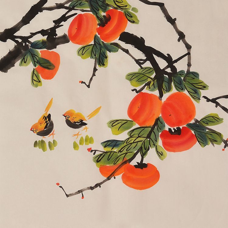 Hand-painted Chinese persimmons and twin golden birds painting