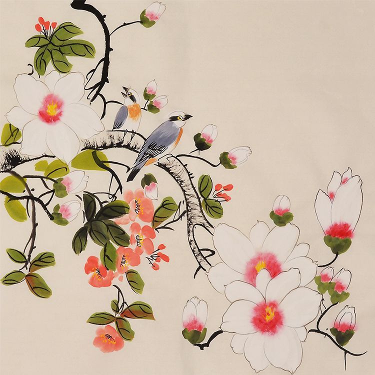 Hand-painted Chinese pink blossoms and twin birds painting
