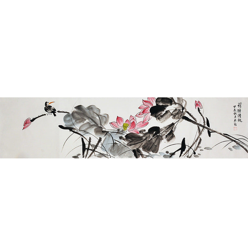 Hand-painted Chinese pink lotus and bird painting, horizontal ink-and-color flower-and-bird wall art