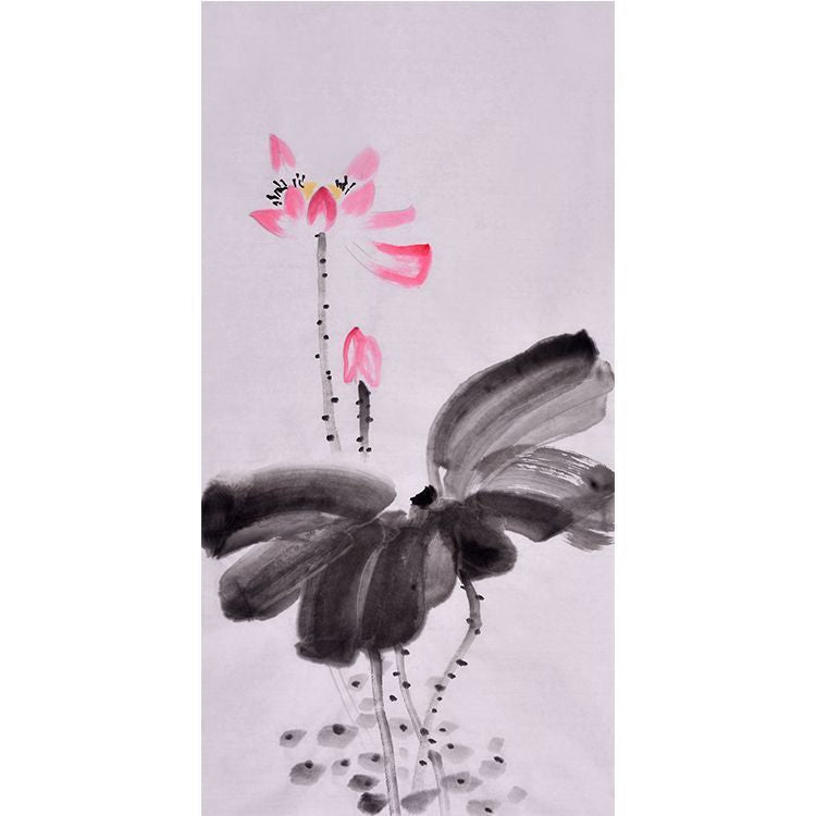 Hand-painted Chinese pink lotus and broad ink leaf painting, minimalist xieyi lotus wall art for tea room, bedroom, study and Japandi decor