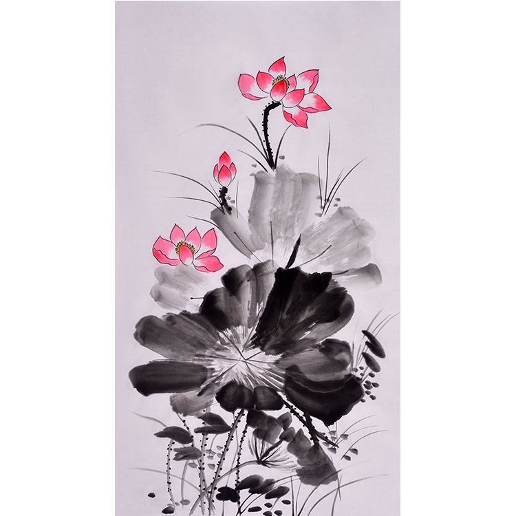 Hand-painted Chinese pink lotus and ink leaves painting, expressive xieyi lotus wall art for living room, tea room, study and office
