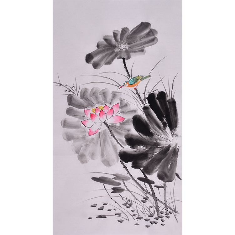 Hand-painted Chinese pink lotus and kingfisher painting, xieyi flower-and-bird wall art for living room, tea room, study and elegant gift