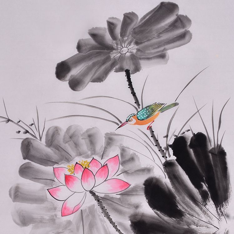 Hand-painted Chinese pink lotus and kingfisher horizontal painting, xieyi flower-and-bird wall art for living room, dining room, office and tea room