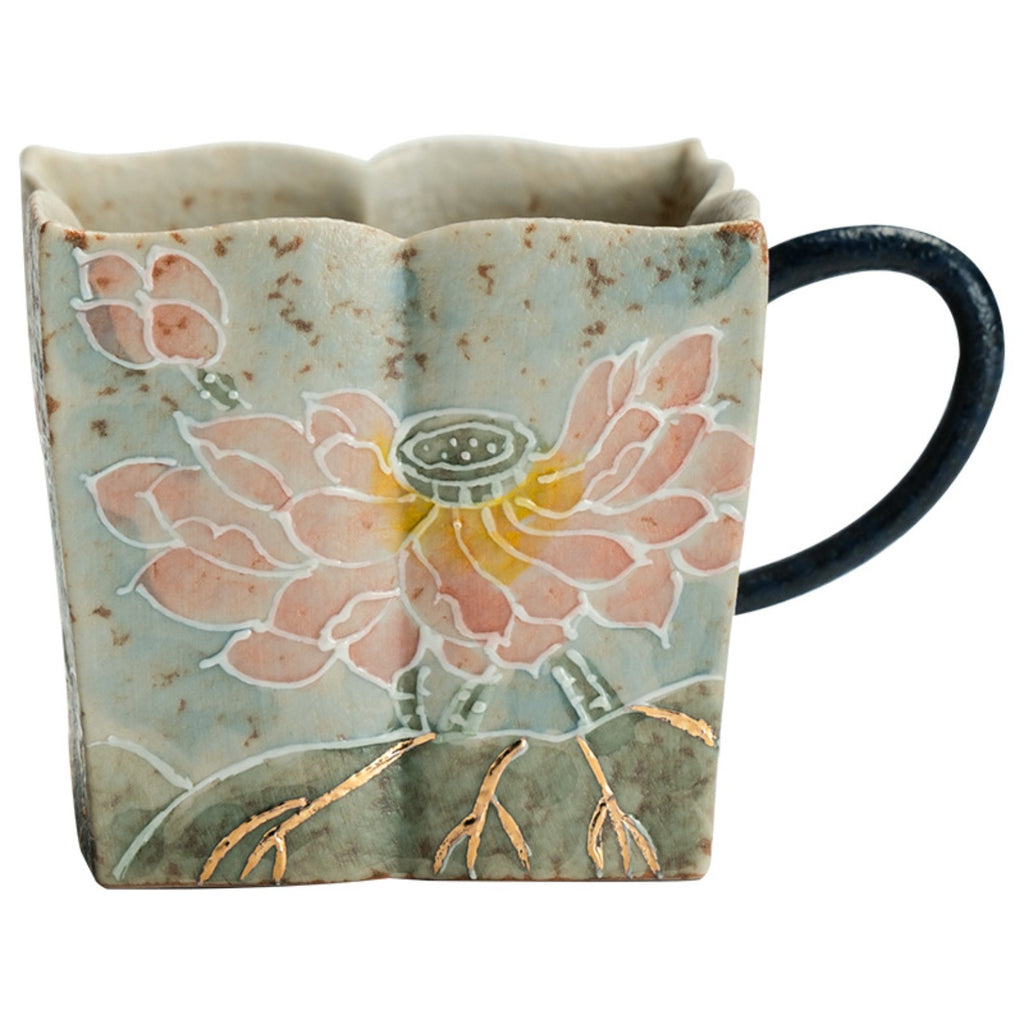 Hand-painted pink lotus square ceramic tea mug with dark handle, 90ml