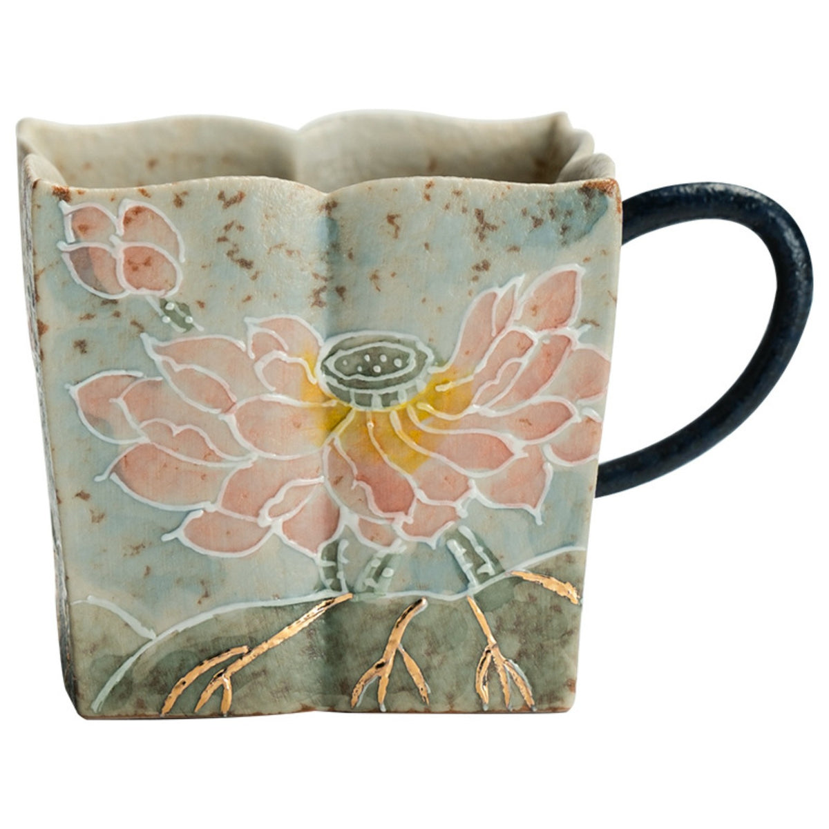 Hand-painted pink lotus square ceramic tea mug with dark handle, 90ml