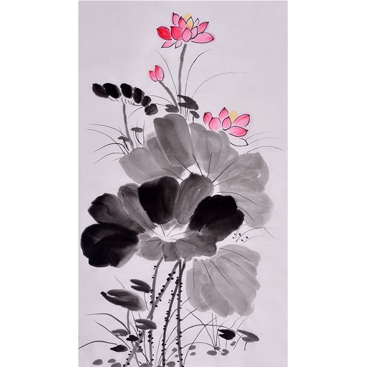Hand-painted Chinese three pink lotus blooms and ink leaves painting, expressive xieyi lotus wall art for living room, tea room and entryway