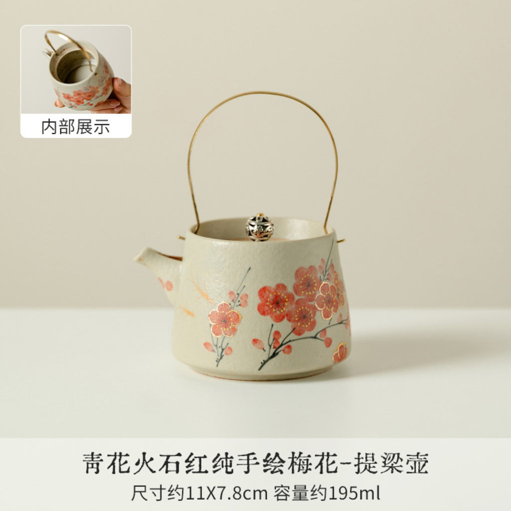 Hand-painted red plum blossom ceramic lift-handle teapot, 195ml