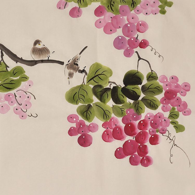 Hand-painted Chinese purple grapes and twin sparrows painting