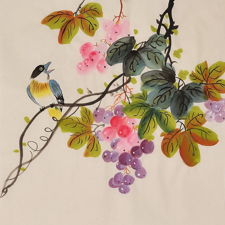 Hand-painted Chinese purple grapes and yellow songbird painting