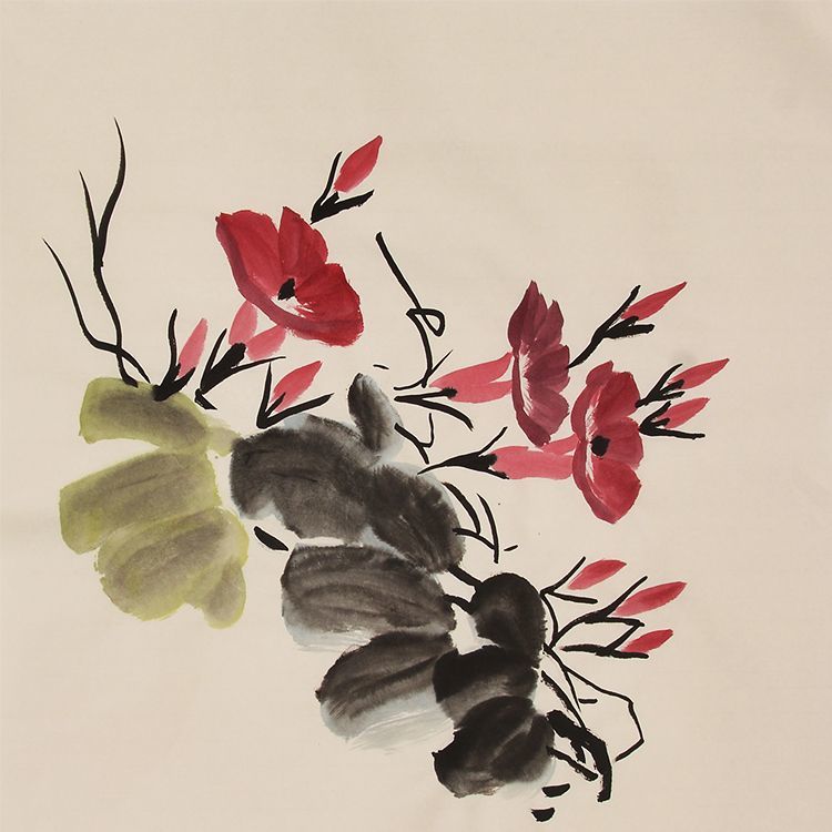Hand-painted Chinese red blossoms and ink leaves painting