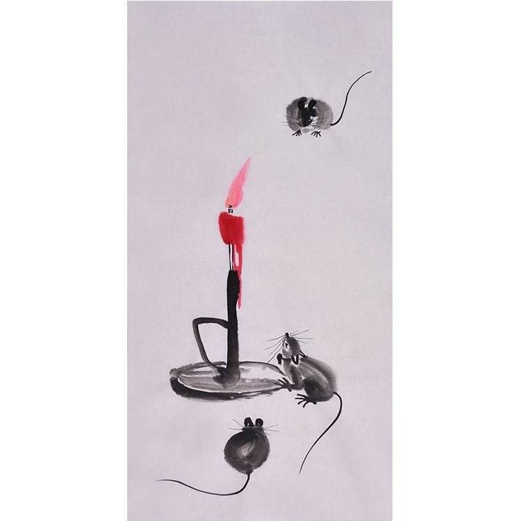 Hand-painted Chinese red candle and three mice painting, playful xieyi animal wall art for study, hallway, reading corner and Chinese zodiac decor