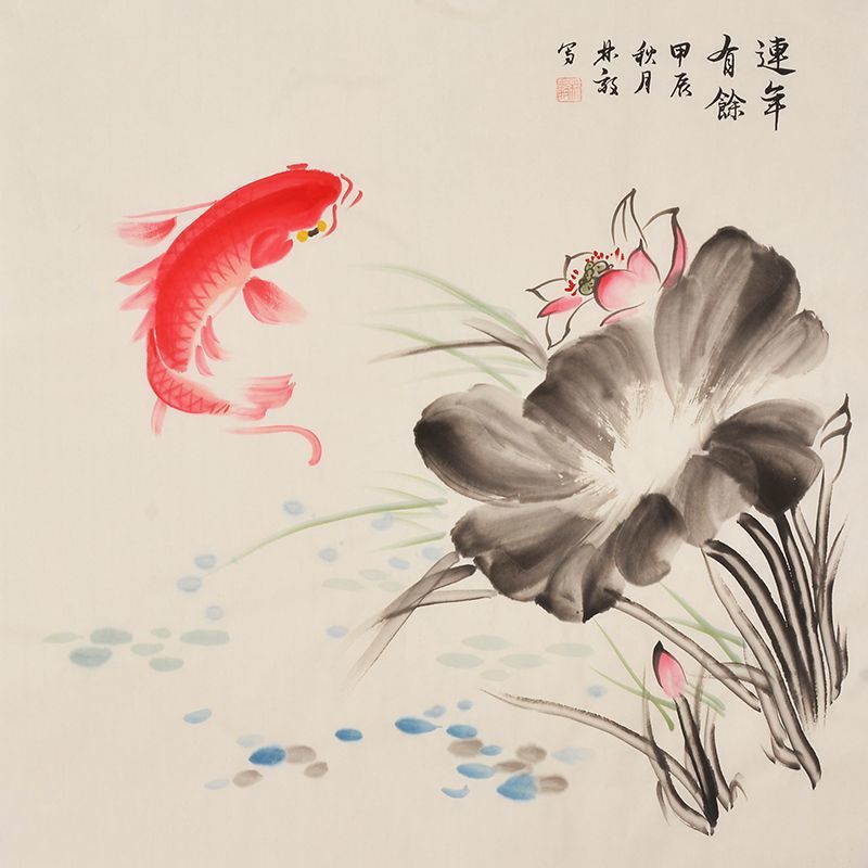 Hand-painted Chinese red koi and ink lotus painting