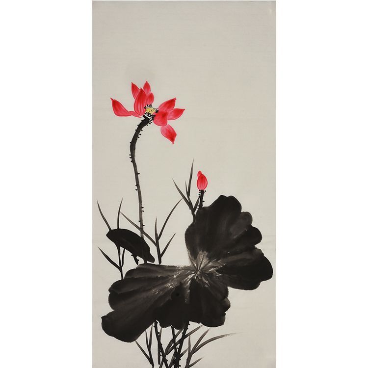 Hand-painted Chinese red lotus and bold ink leaves painting, minimalist xieyi lotus wall art for living room, tea room, study and modern Asian decor