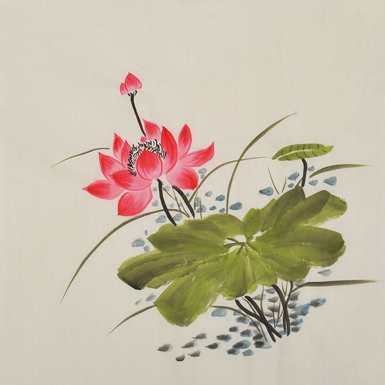 Hand-painted Chinese red lotus and broad green leaf painting