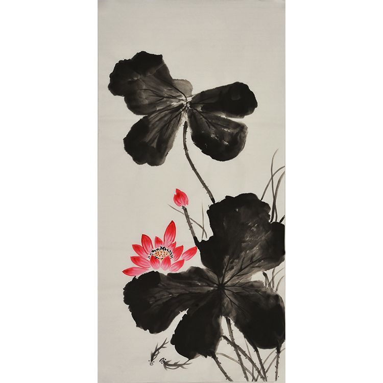 Hand-painted Chinese red lotus among dark ink leaves painting, expressive xieyi lotus wall art for living room, tea room, study and office