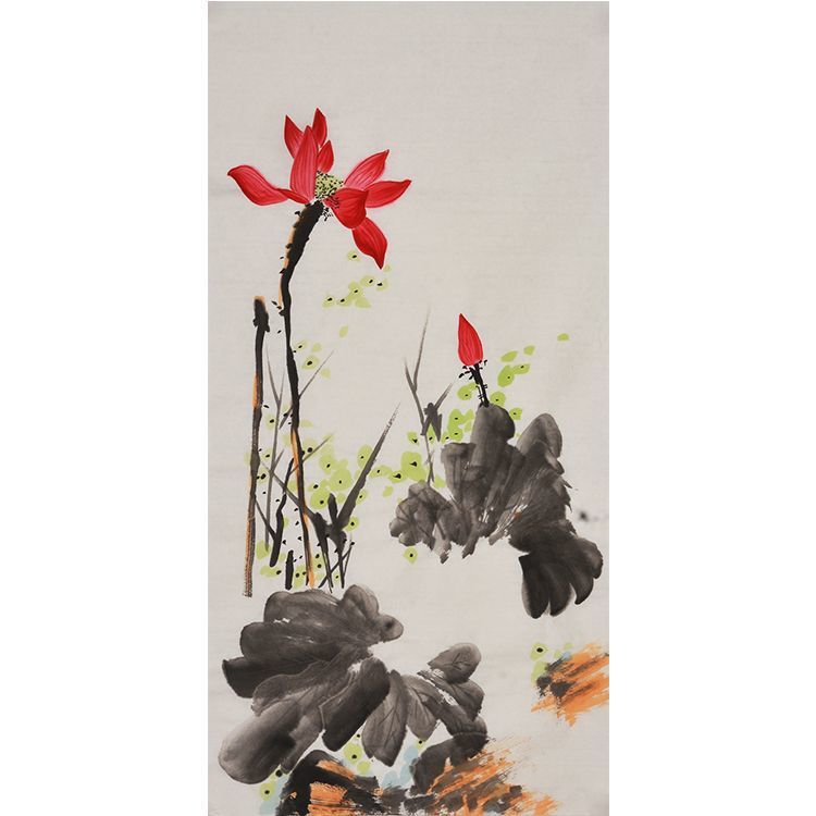 Hand-painted Chinese red lotus and duckweed painting, expressive xieyi floral wall art for tea room, living room, study and Neo-Chinese decor