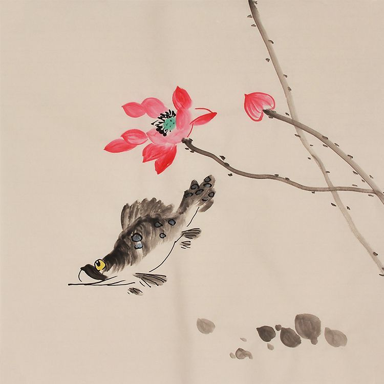 Hand-painted Chinese red lotus and ink fish painting