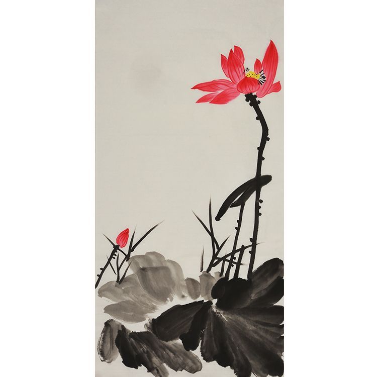 Hand-painted Chinese red lotus and ink leaves painting, elegant xieyi lotus wall art for living room, tea room, study, bedroom and gift