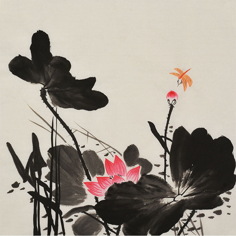 Hand-painted Chinese red lotus and orange dragonfly painting