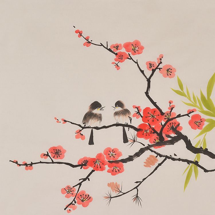 Hand-painted Chinese red plum blossom and twin birds painting